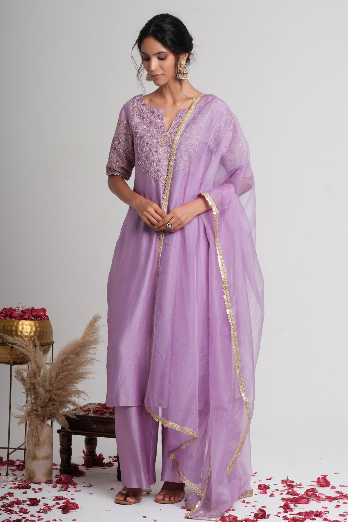 Buy Chanderi Silk Lavender Kurta Set for women online available at Scrollnshops